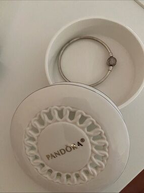 Pandora Silver Bangle with Pave Charm - Cream and Silver
